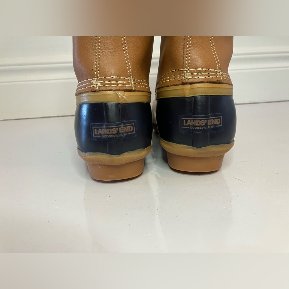 Lands’ End Women’s Size 7 Duck Boots Black Tan Flannel Lined - Picture 5 of 13